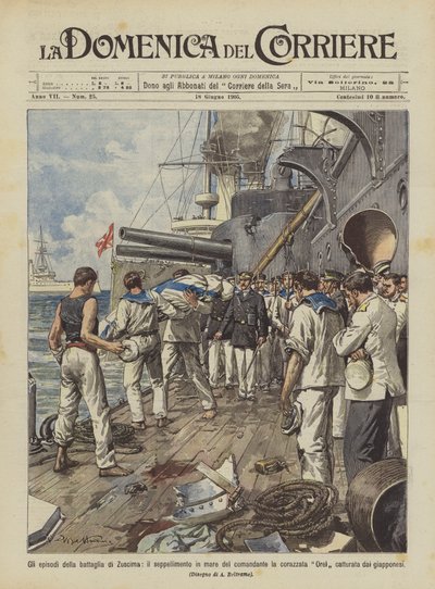 De episodes van de slag bij Tsushima, de begrafenis op zee van de commandant van het slagschip Orel door Achille Beltrame