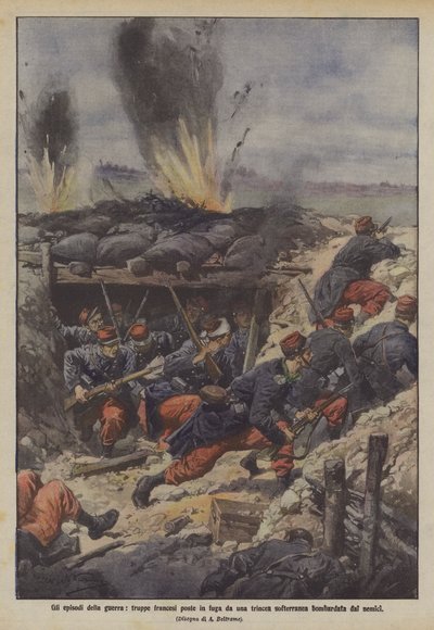 De episoden van de oorlog, Franse troepen op de vlucht geslagen door een ondergrondse loopgraaf gebombardeerd door de vijanden door Achille Beltrame