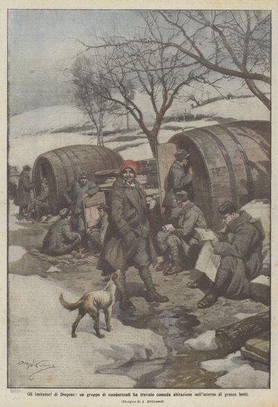 De navolgers van Diogenes, een groep strijders heeft een comfortabele woning gevonden in grote vaten door Achille Beltrame