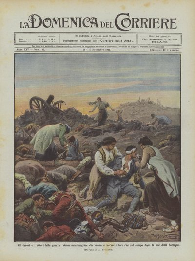 De verschrikkingen en pijnen van de oorlog, Montenegrijnse vrouwen die hun geliefden zoeken op het slagveld door Achille Beltrame