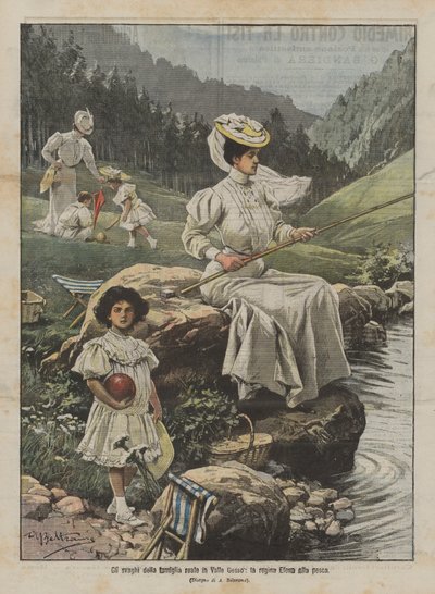 De ontspanning van de koninklijke familie in de Gessovallei, koningin Elena aan het vissen door Achille Beltrame