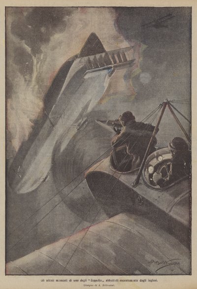 De laatste momenten van een van de Zeppelins die onlangs door de Engelsen zijn neergeschoten door Achille Beltrame