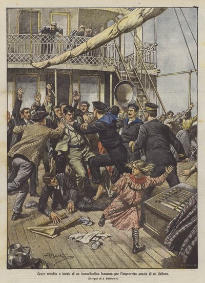 Ernstig gevecht aan boord van een Franse oceaanstomer door de plotselinge waanzin van een Italiaan door Achille Beltrame