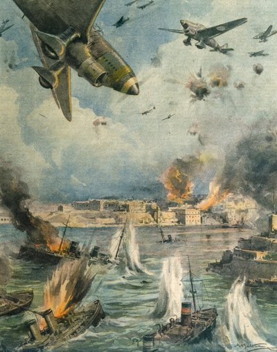 Grote As lucht offensief over Malta, door Achille Beltrame, illustratie, van La Domenica del Corriere, 25 januari 1942 door Achille Beltrame