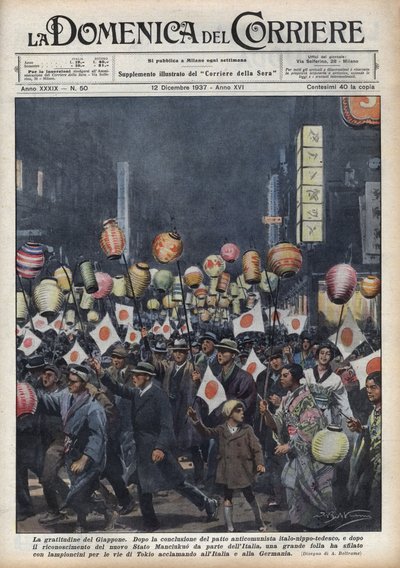 Groot defilé van inwoners van Tokio om Italië en Duitsland te eren na de erkenning van de nieuwe staat Mantsjoekwo (Manchukuo of Manzhouguo). Illustratie van Achille Beltrame in 