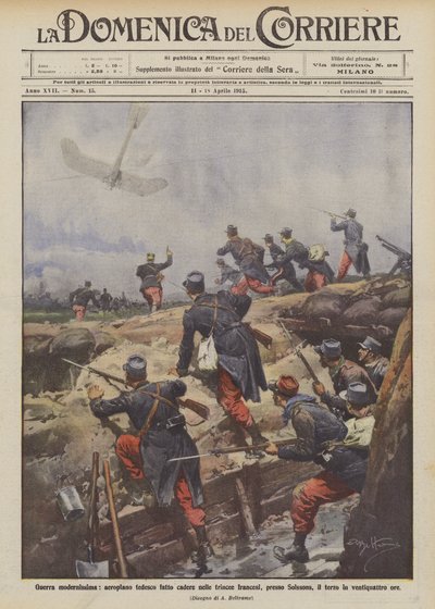 Moderne oorlog, Duits vliegtuig neergeschoten in Franse loopgraven bij Soissons door Achille Beltrame
