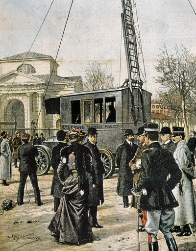 Guglielmo Marconi woont in Milaan de test bij van het eerste Stazione Radio Mobile. Illustratie door Achille Beltrame voor 
