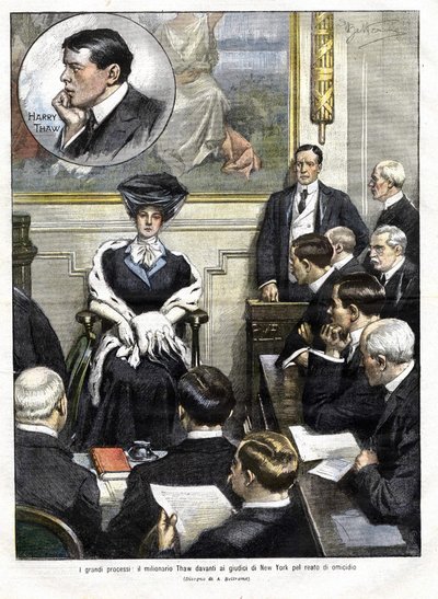 Het proces van Harry Thaw in New York in 1907. Harry Thaw, zoon van een familie van groothandelaren, vermoordde in 1906 de architect Stanford White, ex-minnaar van zijn vrouw Evelyn. Omslag van de 