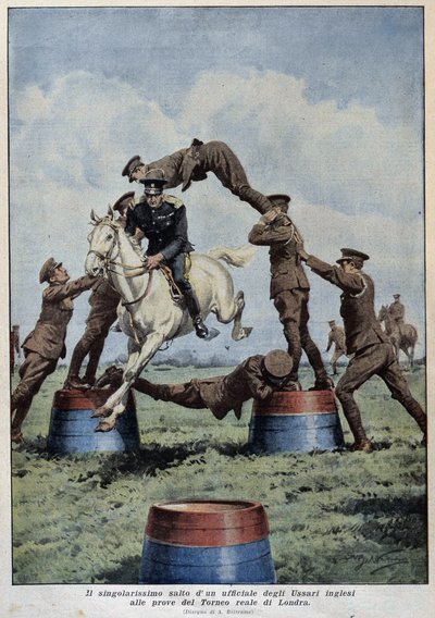 Paardenspringen: Engelse Huzaren bij de Londense Toernooiproeven - tekening van A. Beltrame, in 