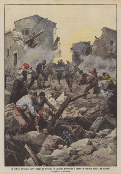 De gewelddadige aardbeving van 8 mei in de provincie Catania, vernietiging en terreur in de wijk Linera, in Acireale door Achille Beltrame