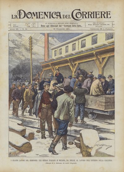 De grote werken van de Simplon, Italiaanse arbeiders gaan van Iselle naar het werk in de tunnel door Achille Beltrame