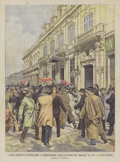 De ernstige ongeregeldheden in Buenos-Ayres, de demonstratie tegen de kantoren van de krant El Pais, in Calle Florida door Achille Beltrame