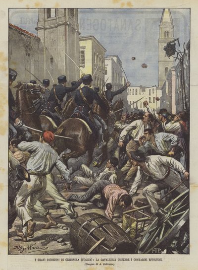 De ernstige ongeregeldheden van Cerignola (Foggia), de cavalerie verspreidt de opstandige boeren door Achille Beltrame