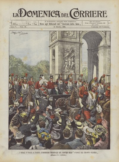 De koninklijke familie van Italië in Parijs, de triomfantelijke intocht van de stoet op de Avenue des Champs-Elysées door Achille Beltrame