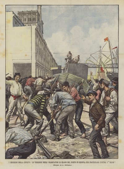 De achteruitgang van de beschaving, de gewelddaden van de graanlossers van de haven van Genua om te protesteren tegen de silo