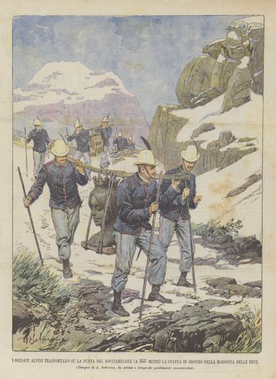 De Alpen-soldaten vervoeren het bronzen standbeeld naar de top van de Rocciamelone (op 3537 meter) door Achille Beltrame