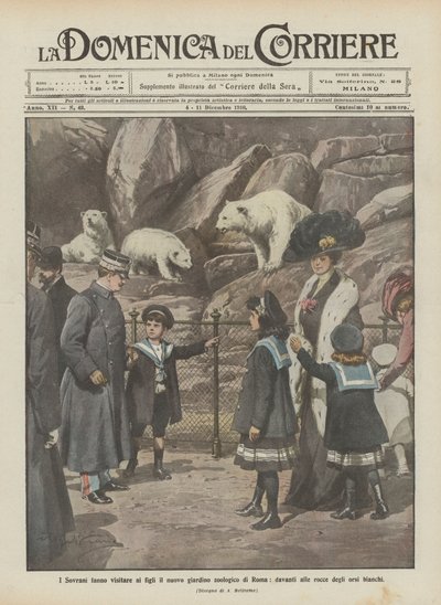 De vorsten laten hun kinderen de nieuwe dierentuin van Rome bezoeken, voor de rotsen van de ijsberen door Achille Beltrame