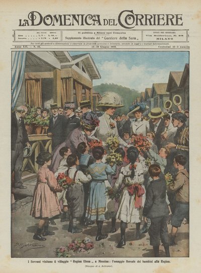 De vorsten bezoeken het dorp Regina Elena in Messina, de bloemenhulde van de kinderen aan de koningin door Achille Beltrame
