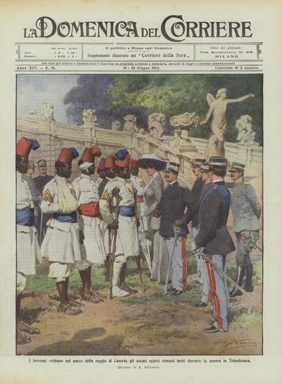 De vorsten bezoeken in het park van het paleis van Caserta de Eritrese askari