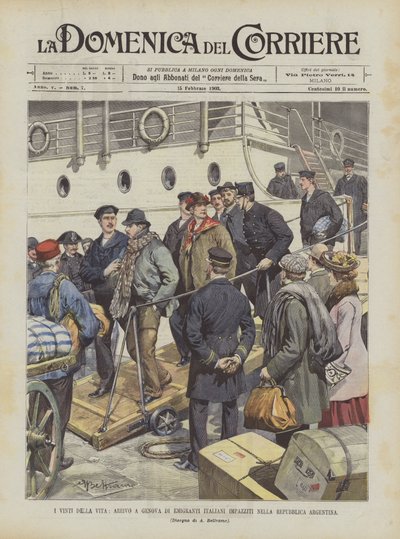 De verslagenen van het leven, aankomst in Genua van Italiaanse emigranten die gek zijn geworden in de Argentijnse Republiek door Achille Beltrame