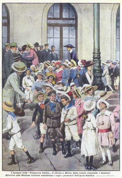 De kinderen van de Italiaanse Lente terug in Milaan van de klimaat- en zeekolonies door Achille Beltrame