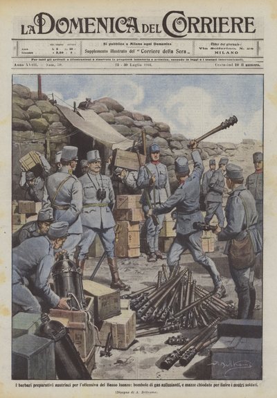 De barbaarse voorbereidingen van de Oostenrijkers voor het offensief aan de Beneden-Isonzo, gasflessen door Achille Beltrame