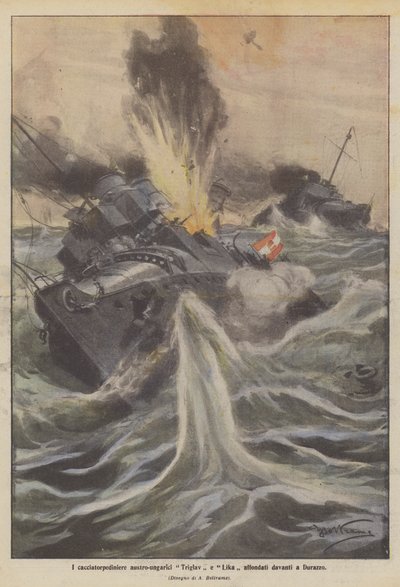 De Oostenrijks-Hongaarse torpedobootjagers Triglav en Lika gezonken voor Durazzo door Achille Beltrame