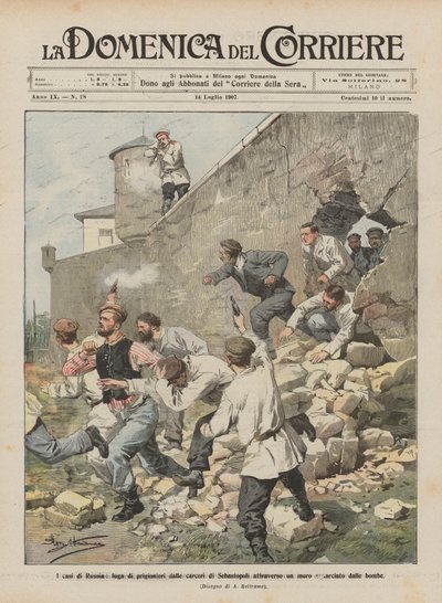 De gevallen van Rusland, ontsnapping van gevangenen uit de gevangenissen van Sebastopol door een door bommen doorboorde muur door Achille Beltrame