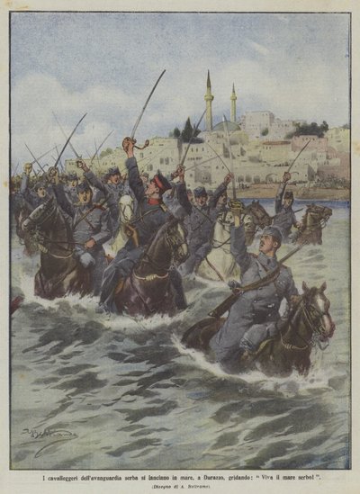 De cavalerie van de Servische voorhoede stormt de zee in bij Durazzo, roepend 