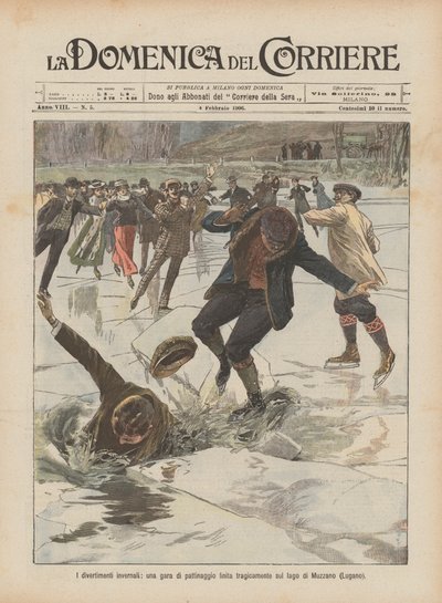 Wintervermaak, een tragisch geëindigde schaatswedstrijd op het meer van Muzzano (Lugano) door Achille Beltrame