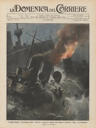 De grote rampen, de Engelse kruiser Berwick ramt en zinkt de torpedobootjager in het Kanaal door Achille Beltrame