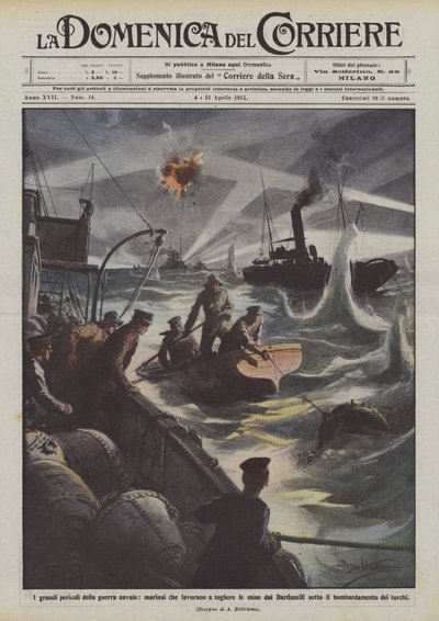 De grote gevaren van de zeeslag, matrozen die mijnen uit de Dardanellen verwijderen door Achille Beltrame