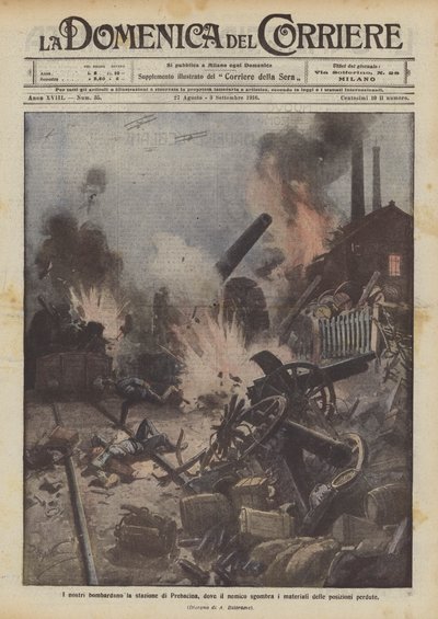 Onze troepen bombarderen het station van Prebacina, waar de vijand de materialen van de verloren posities ontruimt door Achille Beltrame