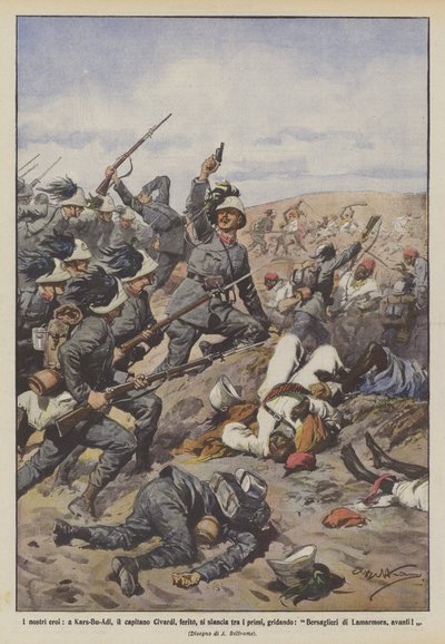 Onze helden, bij Kars-Bu-Adi, kapitein Civardi, gewond, stormt als een van de eersten naar voren, roepend door Achille Beltrame