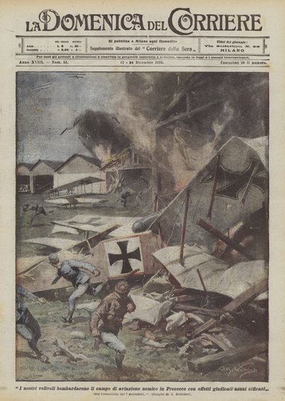 Onze vliegtuigen bombarderen het vijandelijke vliegveld in Prosecco met zeer effectieve resultaten door Achille Beltrame