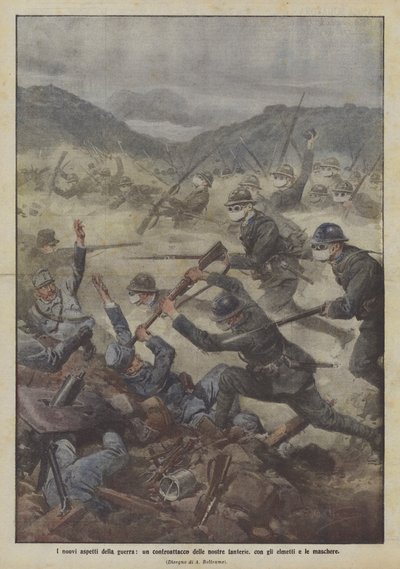 De nieuwe aspecten van de oorlog, een tegenaanval van onze infanterie, met helmen en maskers door Achille Beltrame