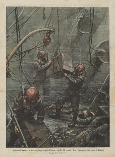 De duikers werken aan het bergen van de voorwerpen die aan boord waren van het stoomschip Sirio dat schipbreuk leed aan de kust van Spanje door Achille Beltrame
