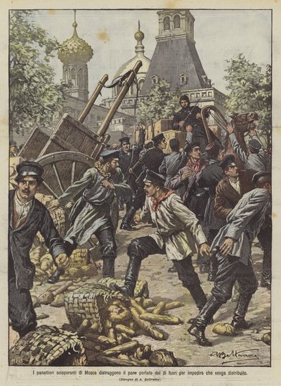 De stakende bakkers van Moskou vernietigen het brood dat van buitenaf wordt gebracht om te voorkomen dat het wordt verdeeld door Achille Beltrame
