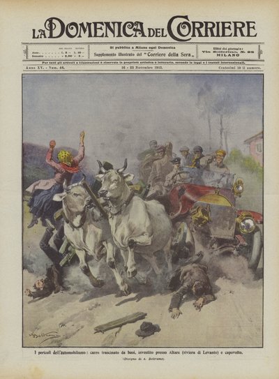 De gevaren van het autorijden, door ossen getrokken wagen omvergeworpen bij Altare (Riviera di Levante) door Achille Beltrame