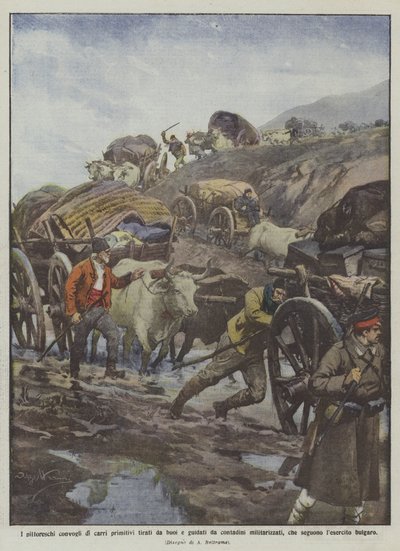 De pittoreske konvooien van primitieve karren getrokken door ossen en bestuurd door gemilitariseerde boeren... door Achille Beltrame
