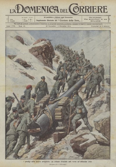 De wonderen van onze artillerie, een stalen kolos stijgt naar een zeer hoge top door Achille Beltrame