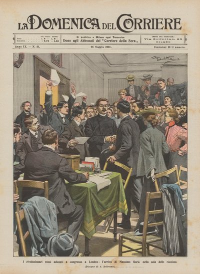 De Russische revolutionairen verzameld op een congres in Londen, de aankomst van Maxim Gorki in de vergaderzaal door Achille Beltrame