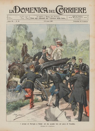 De koningen van Noorwegen in Parijs, wat hen overkwam in het park van Versailles door Achille Beltrame
