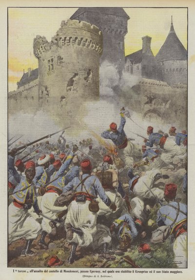 De Turcos bestormen het kasteel van Mondement, nabij Epernay door Achille Beltrame