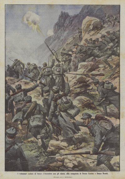 De vrijwillige fietsers onder vuur, de ontmoeting met de alpinisten, bij de verovering van Dosso Casina en Dosso Remit door Achille Beltrame