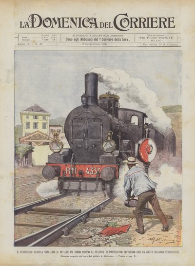 De spoorwegwachter Garella in de daad van het omleiden van een trein nabij het station van Pontedecimo, waardoor... door Achille Beltrame