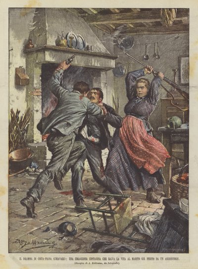 Het drama van Costa-Piana (Chiavari), een moedige boerin die het leven van haar man redt die al ? door Achille Beltrame
