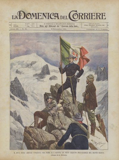 De hertog van de Abruzzen beklimt als eerste, op 5 augustus, een voorheen ontoegankelijke piek van de Mont Blanc door Achille Beltrame