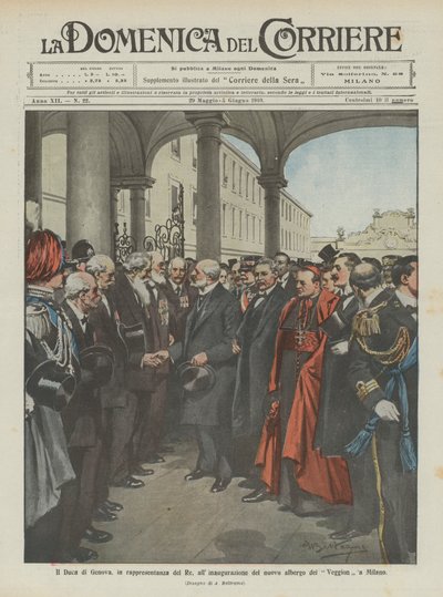 De Hertog van Genua, vertegenwoordiger van de Koning, bij de opening van het nieuwe hotel Veggion in Milaan door Achille Beltrame