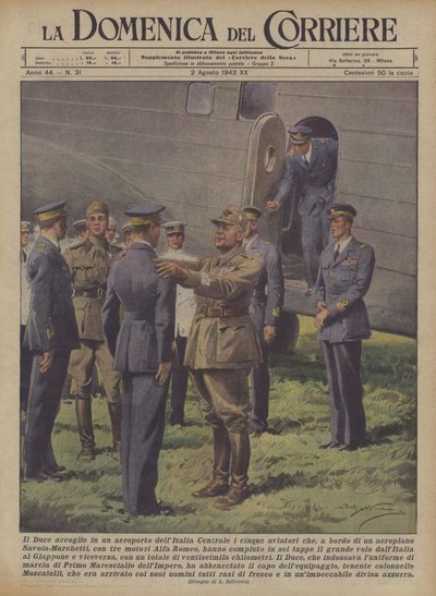 De Duce verwelkomt op een vliegveld in Centraal-Italië de vijf piloten die, aan boord ? door Achille Beltrame